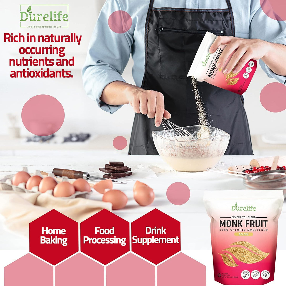 DureLife Golden Monk Fruit Sweetener in kitchen setting perfect for cooking.