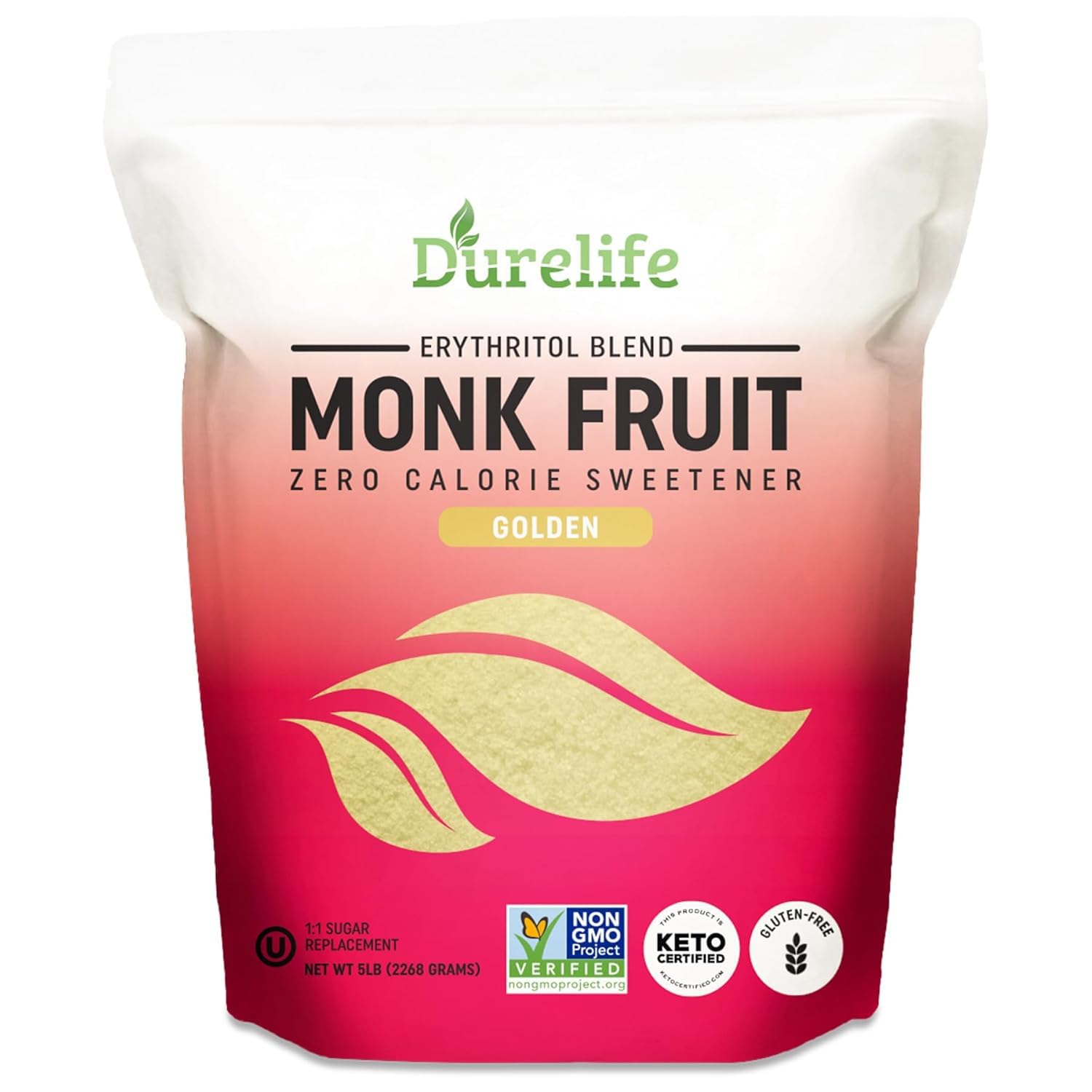 DureLife Golden Monk Fruit Sweetener packaging in bulk 5 lb for keto-friendly, zero-calorie sweetness.