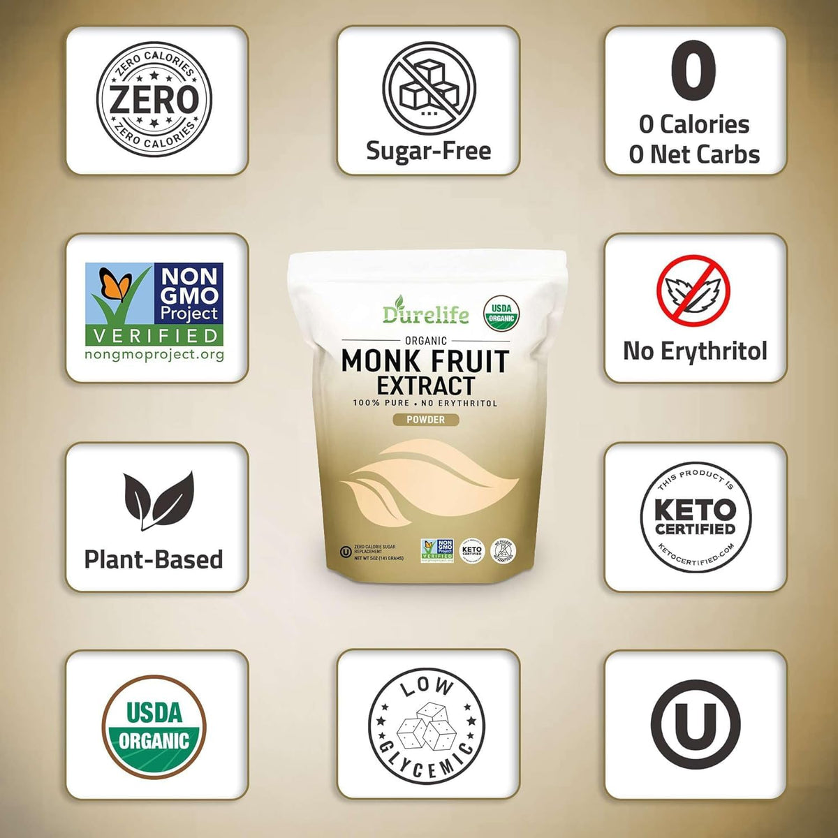 DureLife monk fruit powder jar closeup reveals pure, additive-free sweetness.