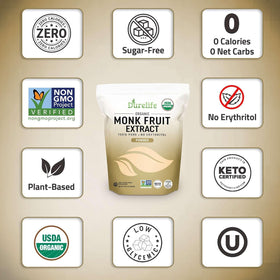 DureLife monk fruit powder jar closeup reveals pure, additive-free sweetness.