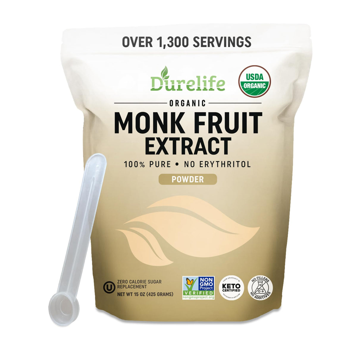 DureLife monk fruit powder packaging highlights organic sweetness without fillers.