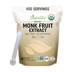 DureLife monk fruit sweetener bag shows organic, zero-calorie sweetness for drinks and baking.