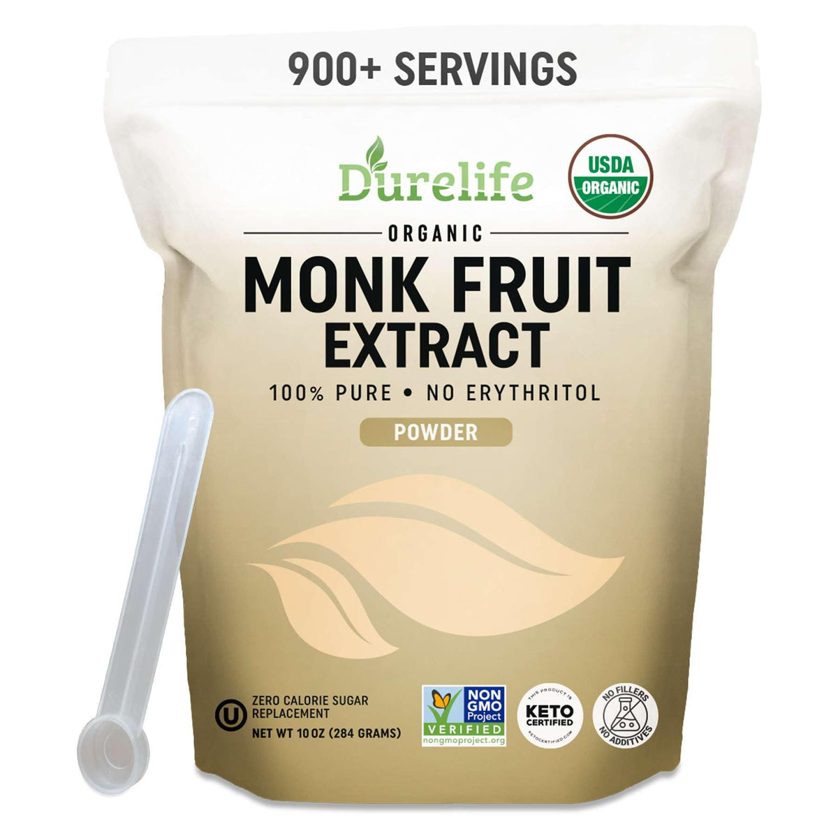DureLife Monk Fruit Sweetener bottle front shows pure organic formula and zero calories