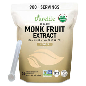 DureLife Monk Fruit Sweetener bottle front shows pure organic formula and zero calories