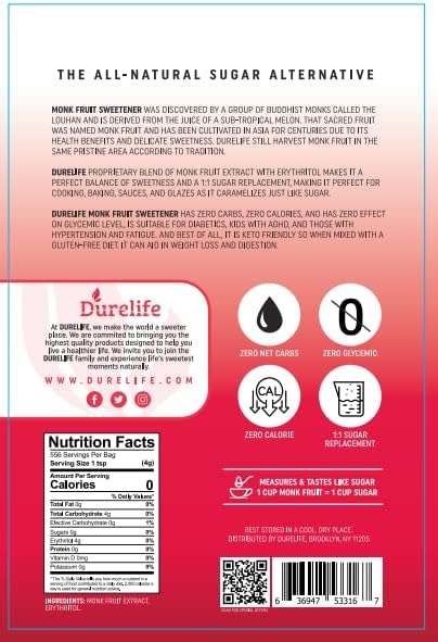 DureLife Monk Fruit Sweetener in scoop beside bag for measurement