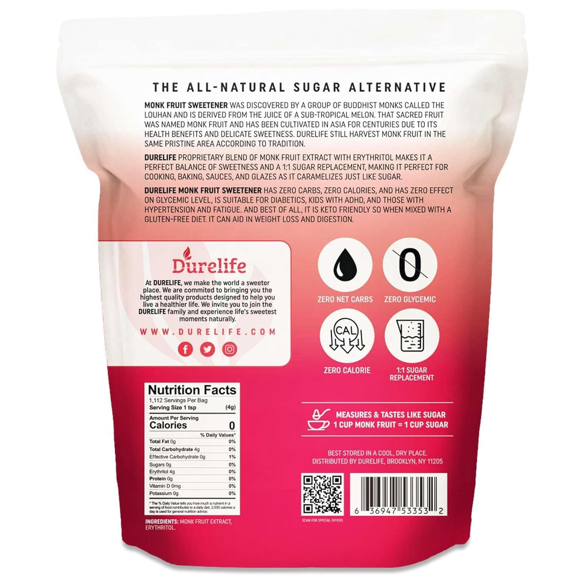 DureLife Monk Fruit Sweetener jar closeup showing a clean, aftertaste-free profile.