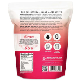 DureLife Monk Fruit Sweetener jar closeup showing a clean, aftertaste-free profile.