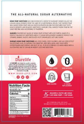Packaging closeup shows DureLife monk fruit sweetener with non-GMO, zero calories