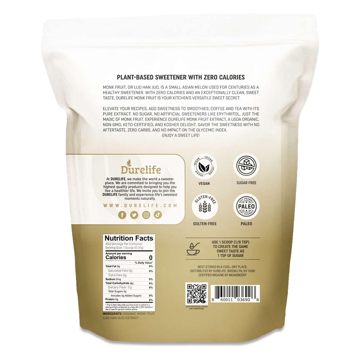 DureLife monk fruit sweetener pour bottle enabling easy direct dosing in hot drinks.