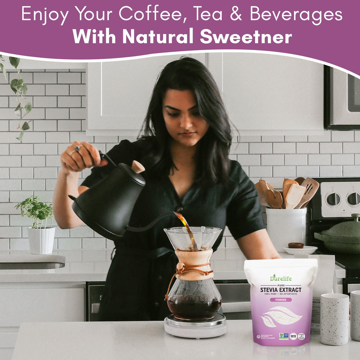 DureLife stevia beside coffee and fruit, illustrating versatile daily use.
