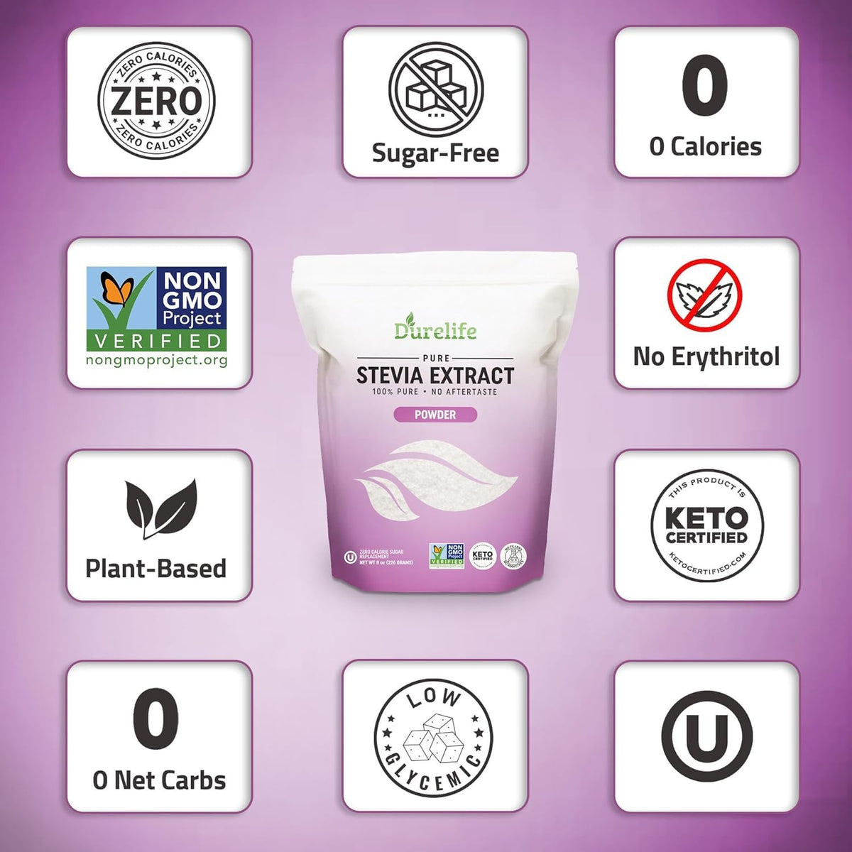 DureLife stevia extract packaging showing no fillers and verification.