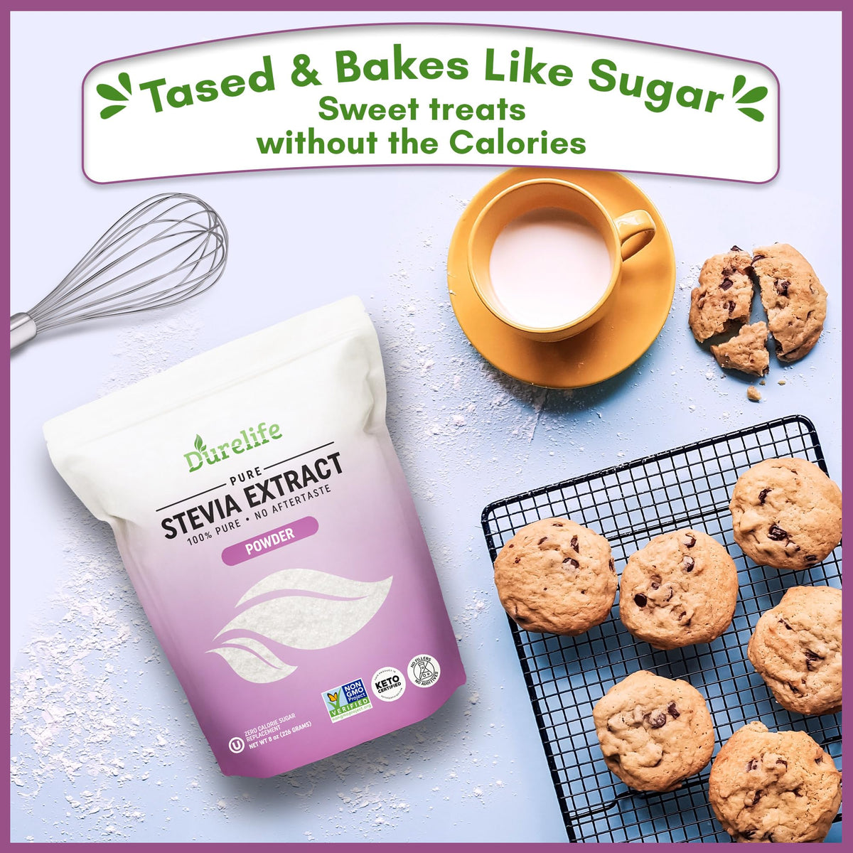 DureLife stevia bottle label emphasizes zero calories for guilt-free sweetness.