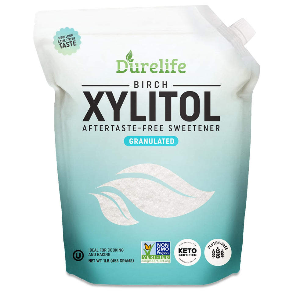 DureLife Xylitol 1 lb packaging shows pure birch sweetness and gluten-free clarity.