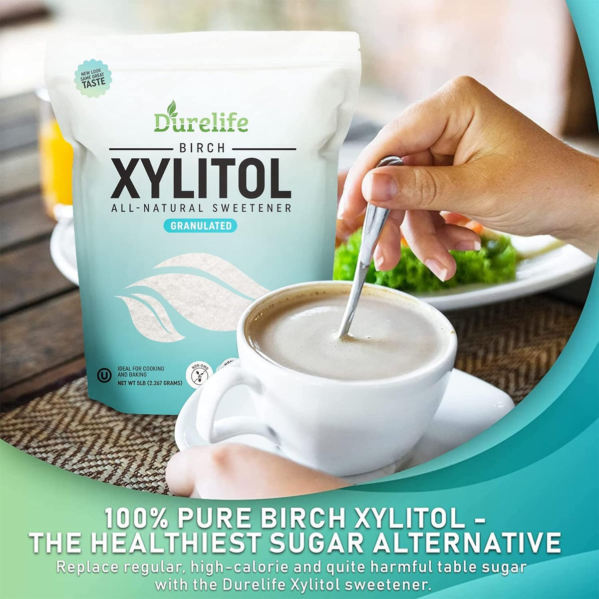 DureLife xylitol in a kitchen scene, gluten-free friendly sweetener.