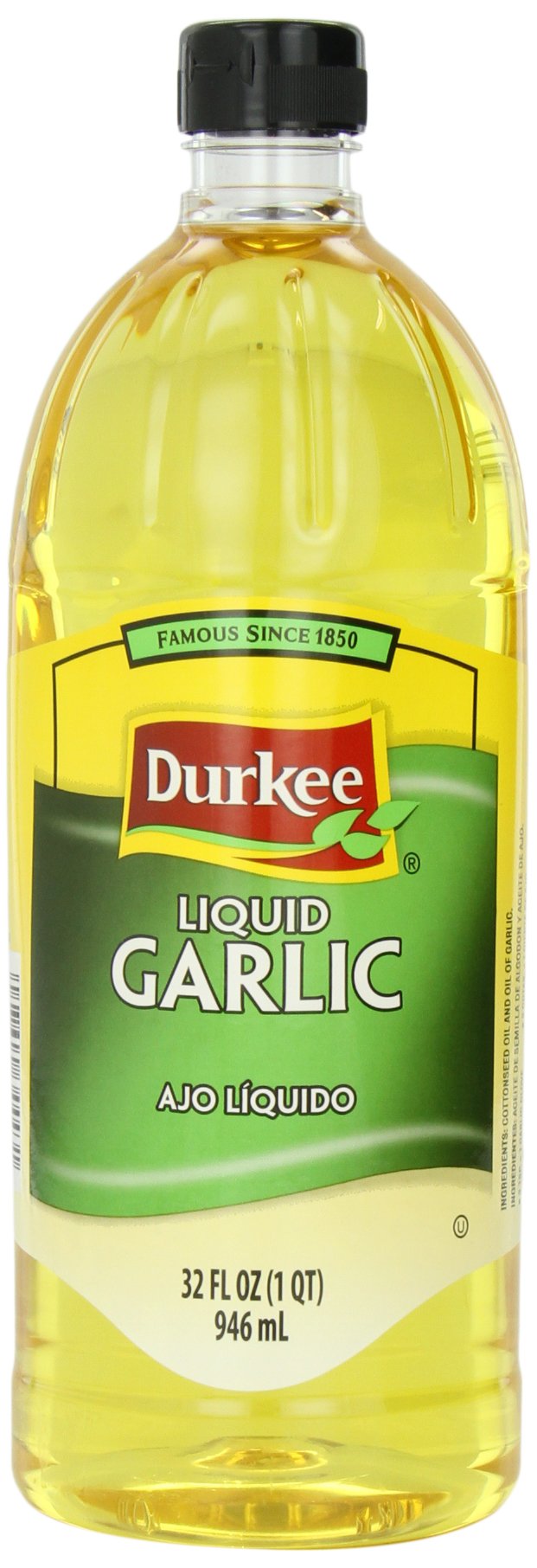 Durkee Liquid Garlic 32-Ounce bottle being poured, offering bold flavor for everyday meals.