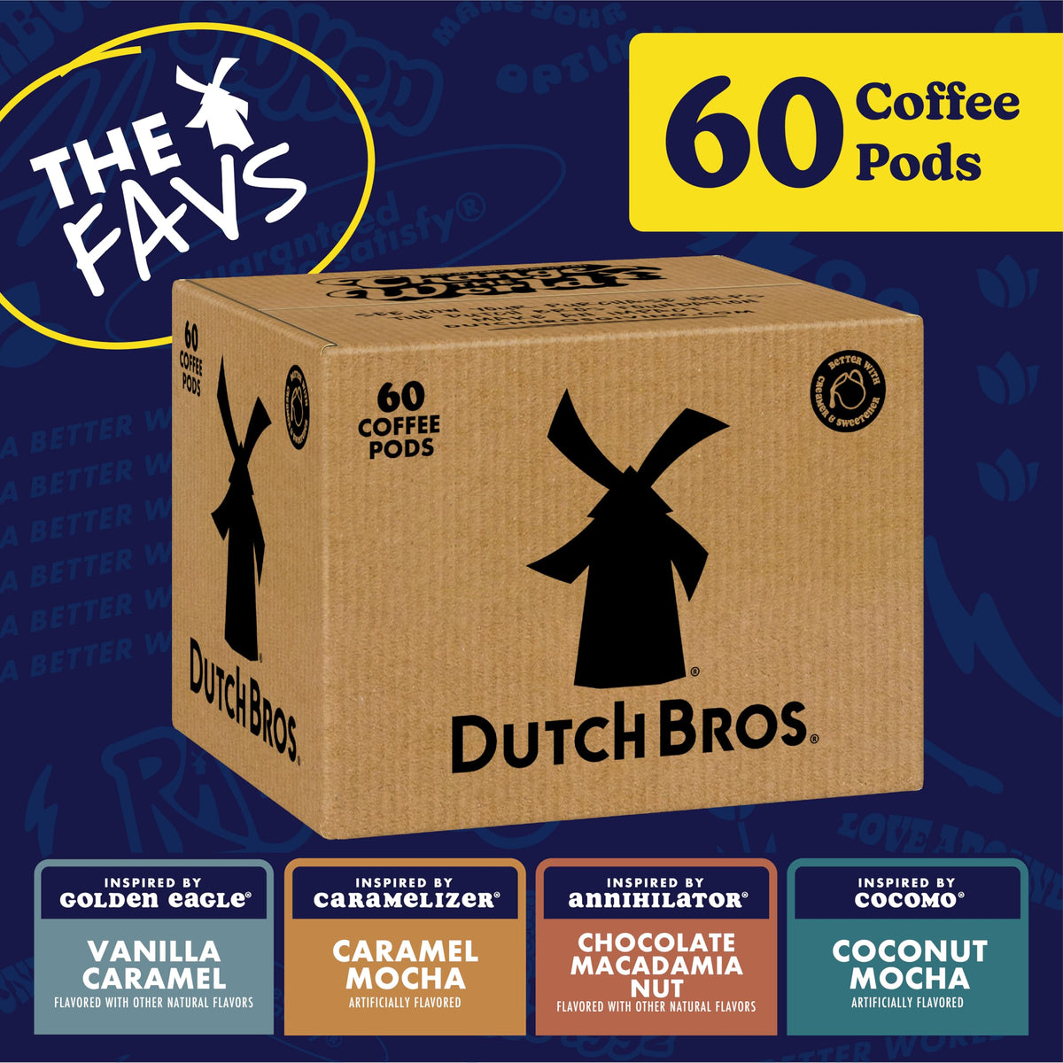 Dutch Bros Coffee Caramel Mocha pod close-up highlighting indulgent flavor.