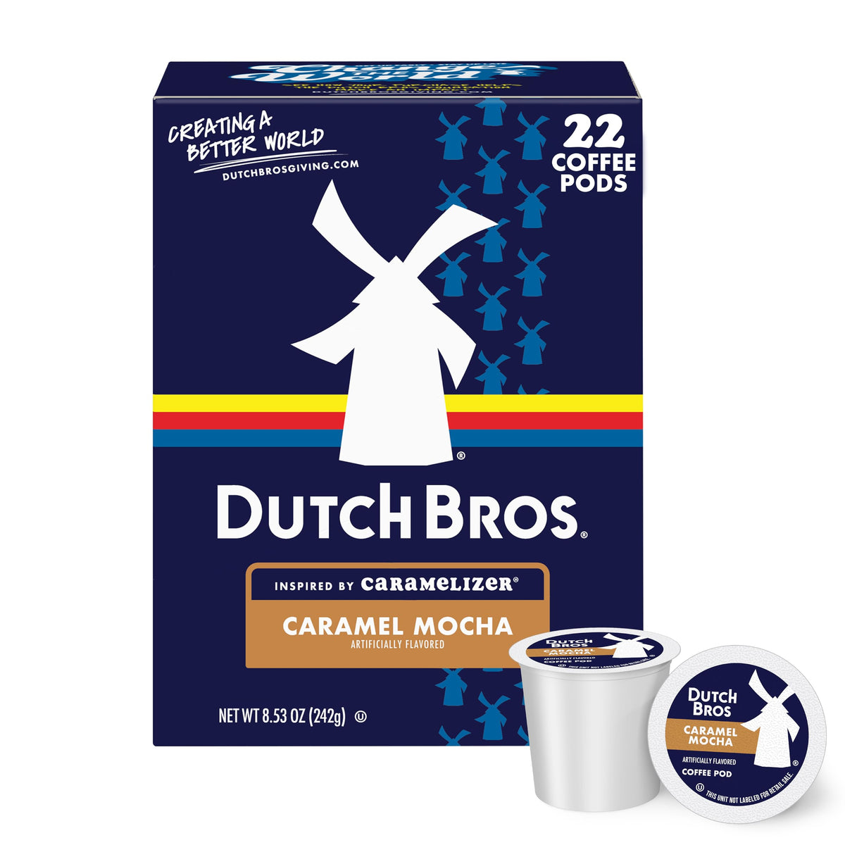 Dutch Bros Caramel Mocha pods in packaging, quick morning use