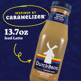 Dutch Bros Caramel Mocha Iced Latte ready-to-drink bottle over ice for convenient refreshment