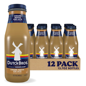 Dutch Bros Caramel Mocha Iced Latte bottle close-up highlighting caramel and chocolate notes for a cafe-style treat
