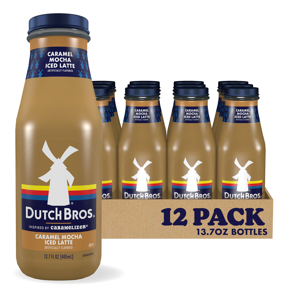 Dutch Bros Caramel Mocha Iced Latte bottle close-up highlighting caramel and chocolate notes for a cafe-style treat