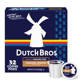 Dutch Bros Caramel Mocha pod close-up, creamy caramel and chocolate notes for quick indulgence