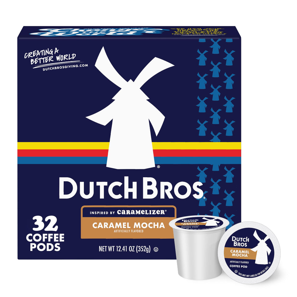 Dutch Bros Caramel Mocha pod close-up, creamy caramel and chocolate notes for quick indulgence
