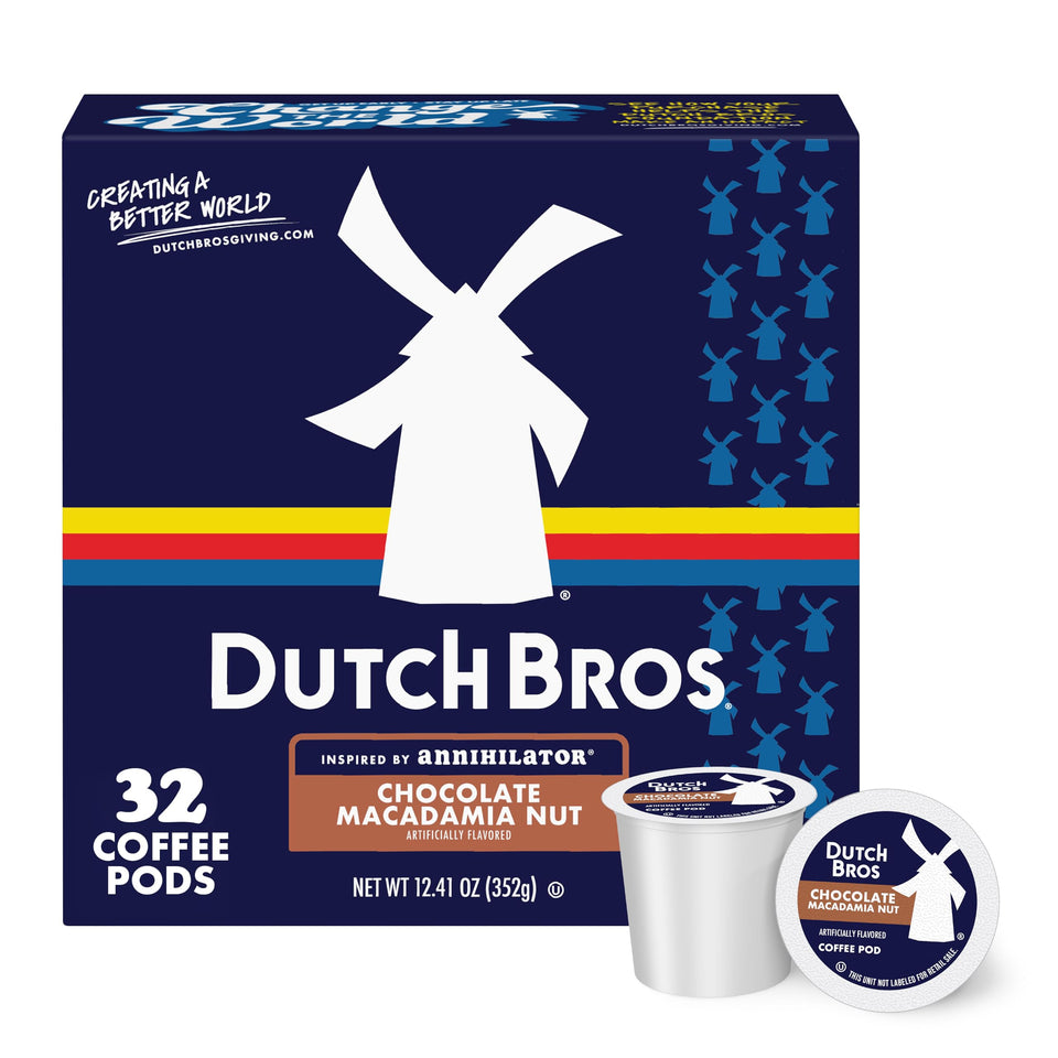 Dutch Bros Coffee chocolate macadamia nut flavored pods box - convenient 32-count single-serve option.