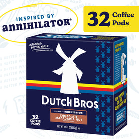 Dutch Bros Coffee chocolate macadamia nut flavored pods closeup - creamy macadamia notes in brew.