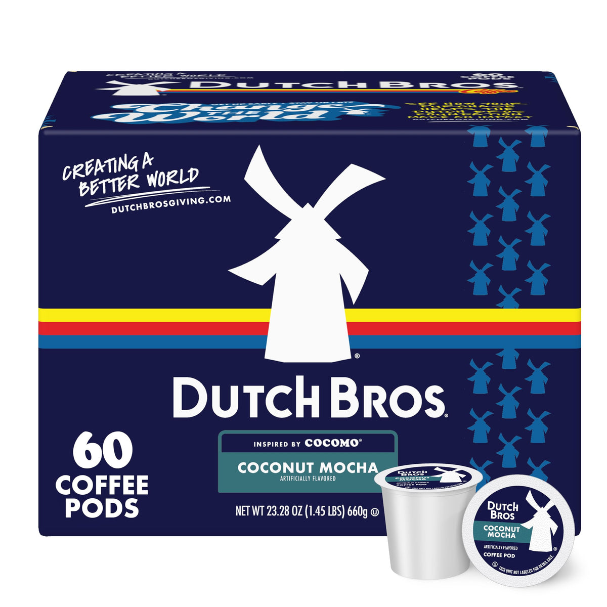 Dutch Bros Coconut Mocha flavor coffee pods box for home brewing convenience.