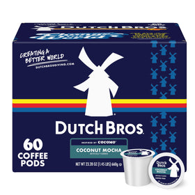 Dutch Bros Coconut Mocha flavor coffee pods box for home brewing convenience.