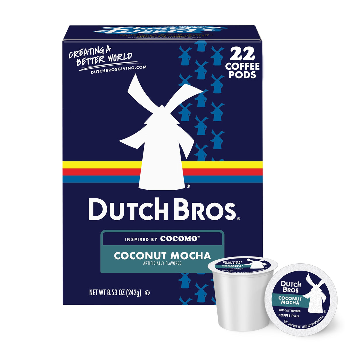 Dutch Bros Coconut Mocha flavored coffee pods box front displaying tropical aroma ready for mornings.