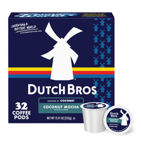 Dutch Bros Coconut Mocha flavored coffee pods box for quick mornings with tropical flavor.