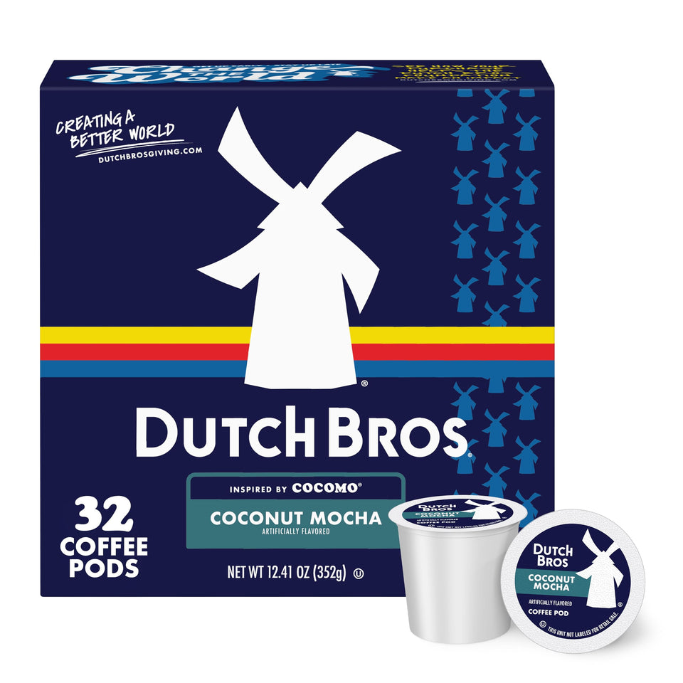 Dutch Bros Coconut Mocha flavored coffee pods box for quick mornings with tropical flavor.