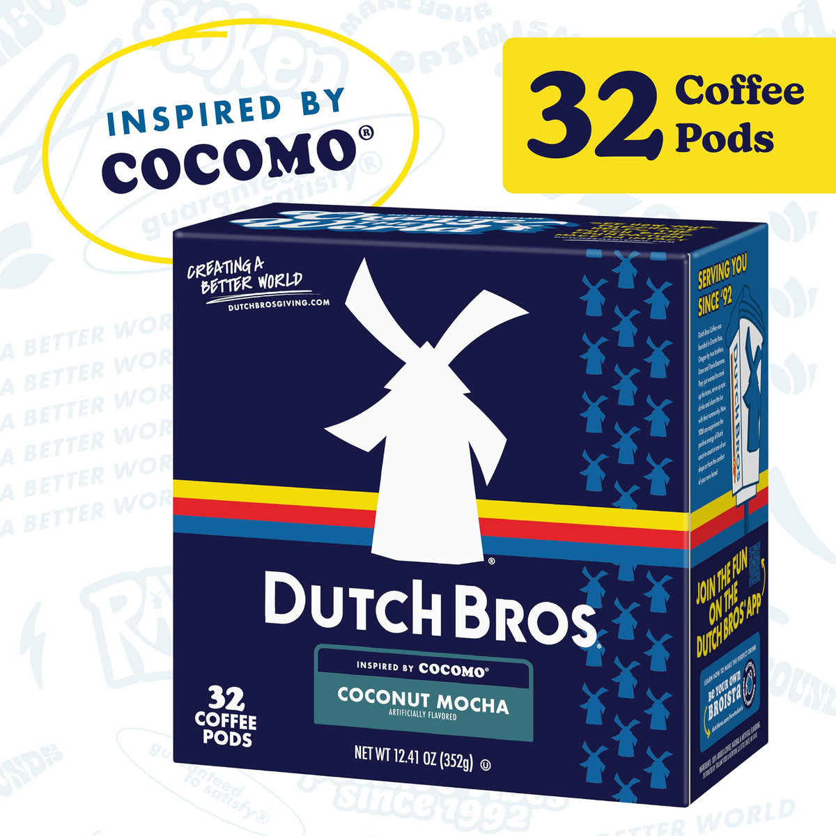 Close-up of Dutch Bros Coconut Mocha pod label highlighting aroma and flavor notes.