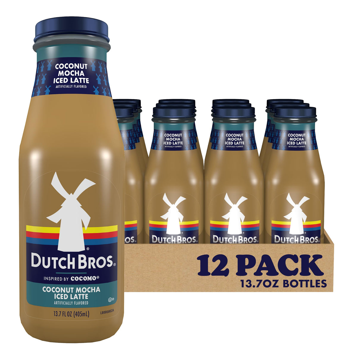 Dutch Bros Coconut Mocha Iced Latte bottle front, convenient tropical coffee on the go
