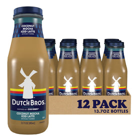 Dutch Bros Coconut Mocha Iced Latte bottle front, convenient tropical coffee on the go