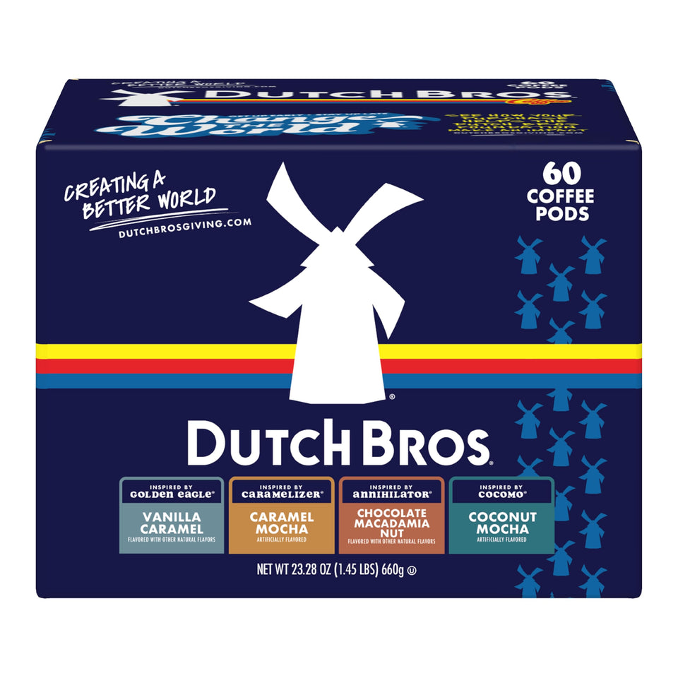 Dutch Bros Coffee variety pack box showing four flavors for quick mornings.