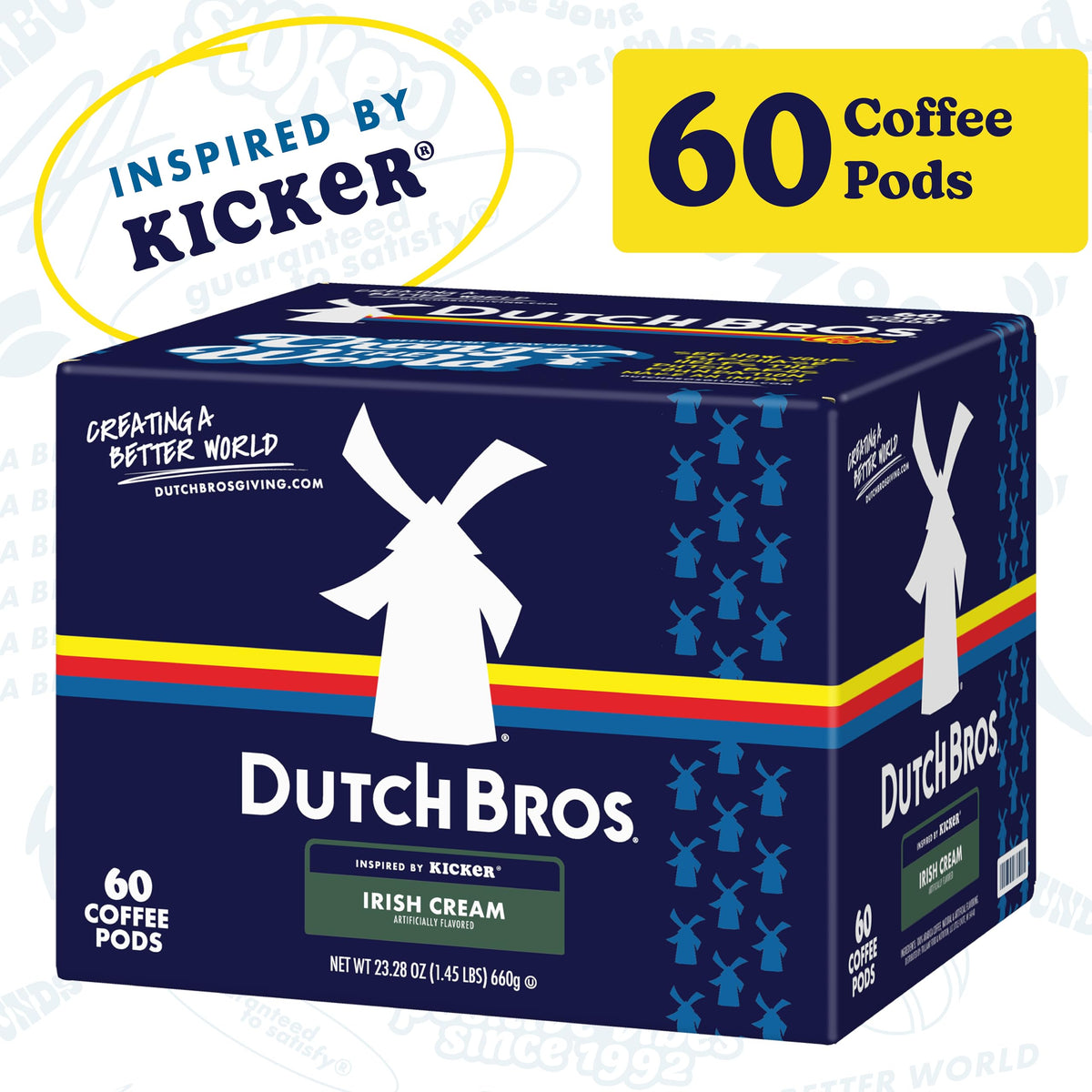 60-count box of Dutch Bros Irish Cream coffee pods for busy mornings.
