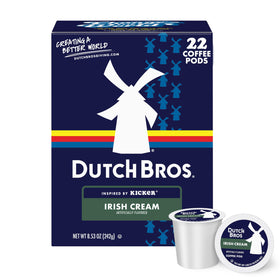 Dutch Bros Irish Cream flavored coffee pod box, premium Arabica blend for a smooth start.