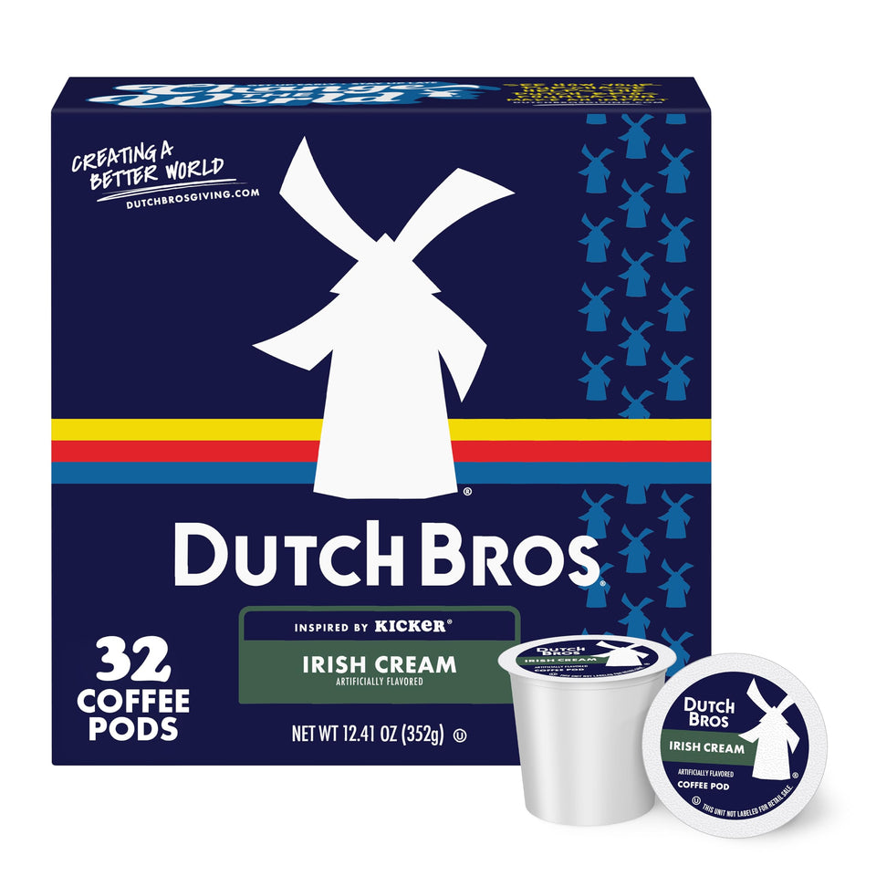 Dutch Bros Irish Cream coffee pods inspired by Kicker, ready for quick mornings.