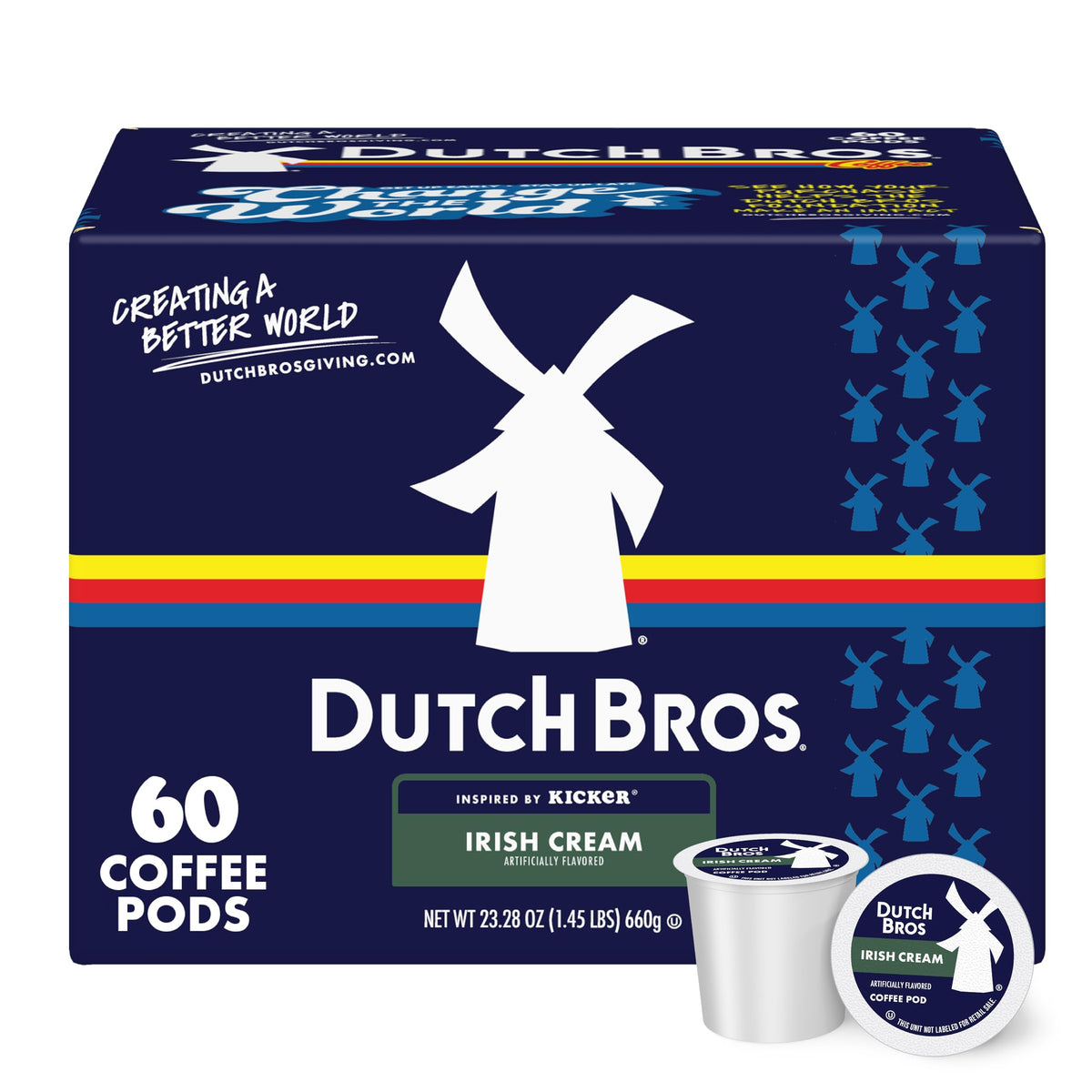 Dutch Bros Irish Cream flavored coffee pods with bold aroma for Keurig brewers.