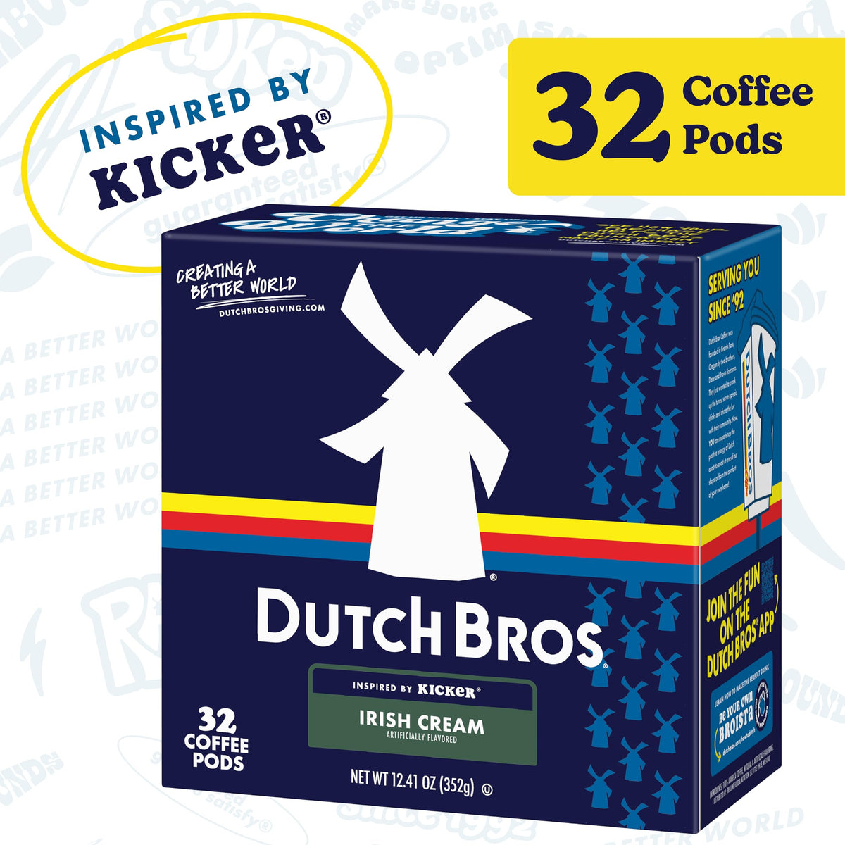 Dutch Bros Irish Cream pods in a 32-count box for everyday use.