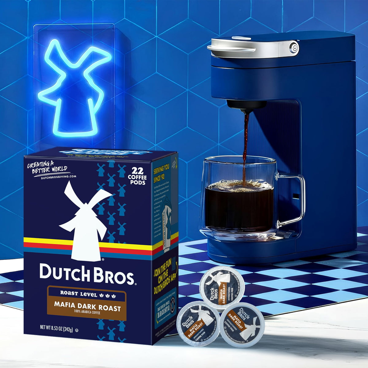 Steam rising as Mafia Dark Roast pours for a rich, full-bodied brew.