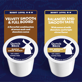 Dutch Bros Mafia Dark Roast pod box delivers full-bodied flavor with rich chocolate notes.