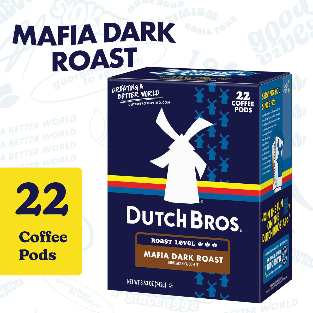 Closeup of Dutch Bros Mafia Dark Roast pod highlighting 100% Arabica quality.