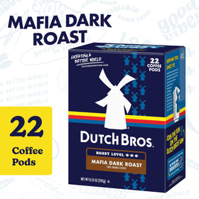 Closeup of Dutch Bros Mafia Dark Roast pod highlighting 100% Arabica quality.
