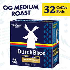 32-count Dutch Bros OG Medium Roast pod box highlights convenient Keurig compatibility.