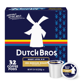 Dutch Bros OG Medium Roast pod box on a kitchen counter, balanced flavor and citrus notes.