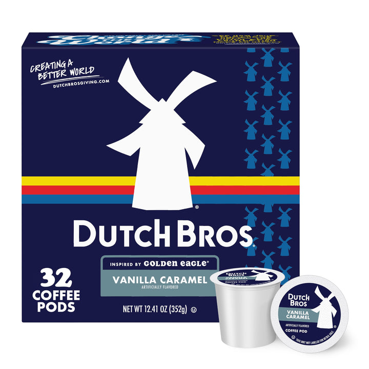 Dutch Bros Golden Eagle box front—premium single-serve convenience for home brews.