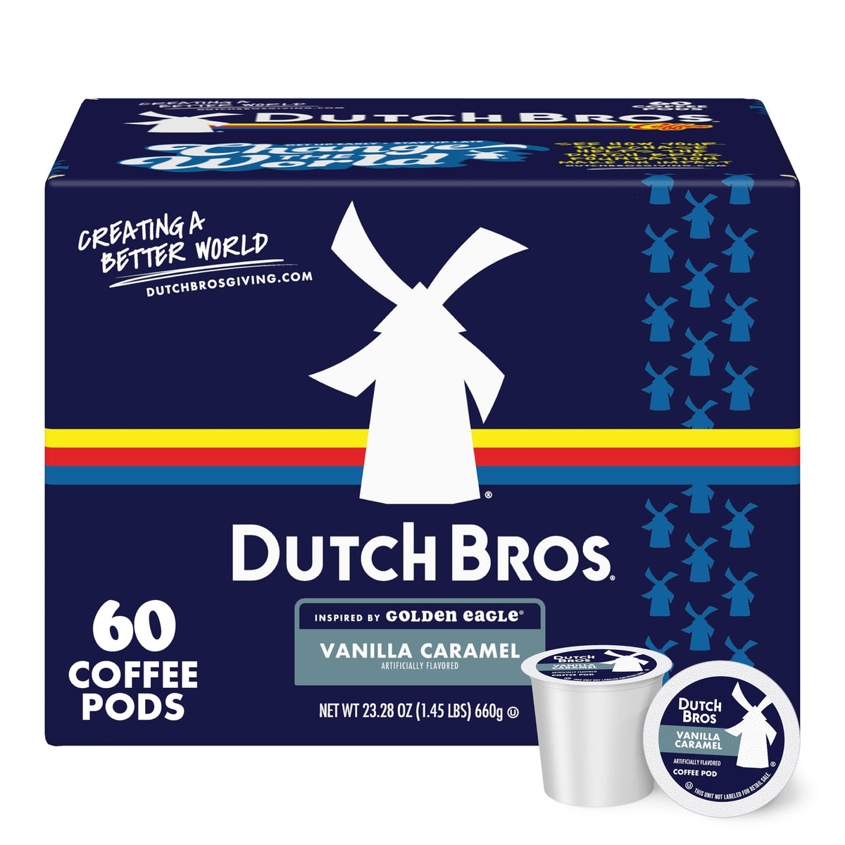 Dutch Bros Vanilla Caramel Golden Eagle pods box for convenient home brewing